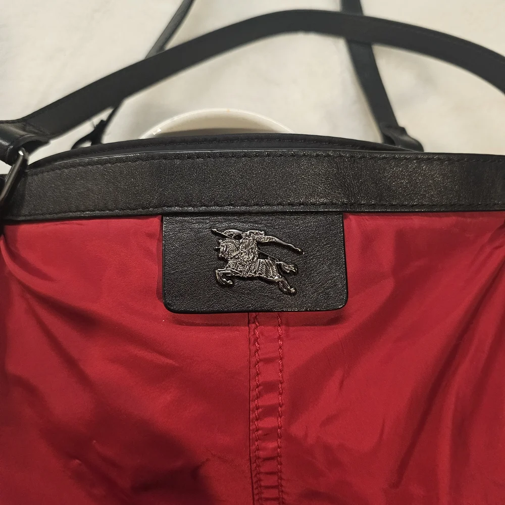 Burberry Buckleigh Red Nylon Tote Bag With Black Leather Trim
